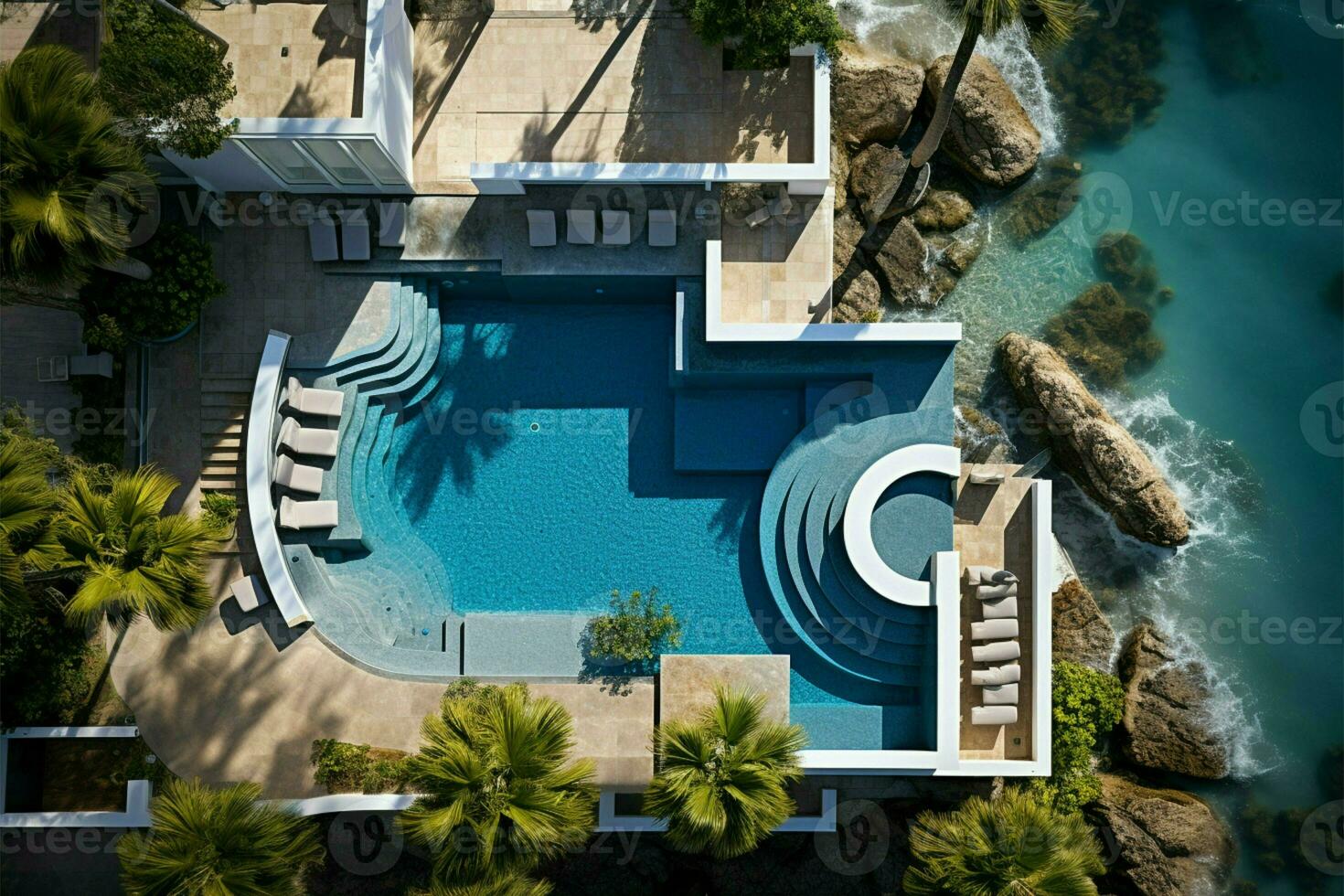 Antenne modern Luxus Schwimmbad mit Treppe oben Aussicht von Drohne ai generiert foto