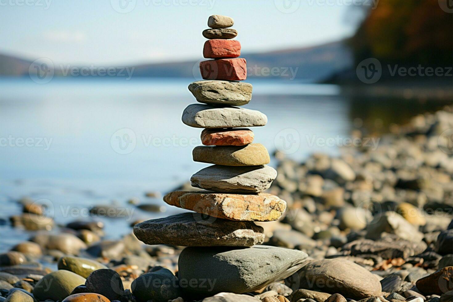 Küsten Steinhaufen Steine vereinbart worden im ein Strand Pyramide, ein still und natürlich Monument ai generiert foto