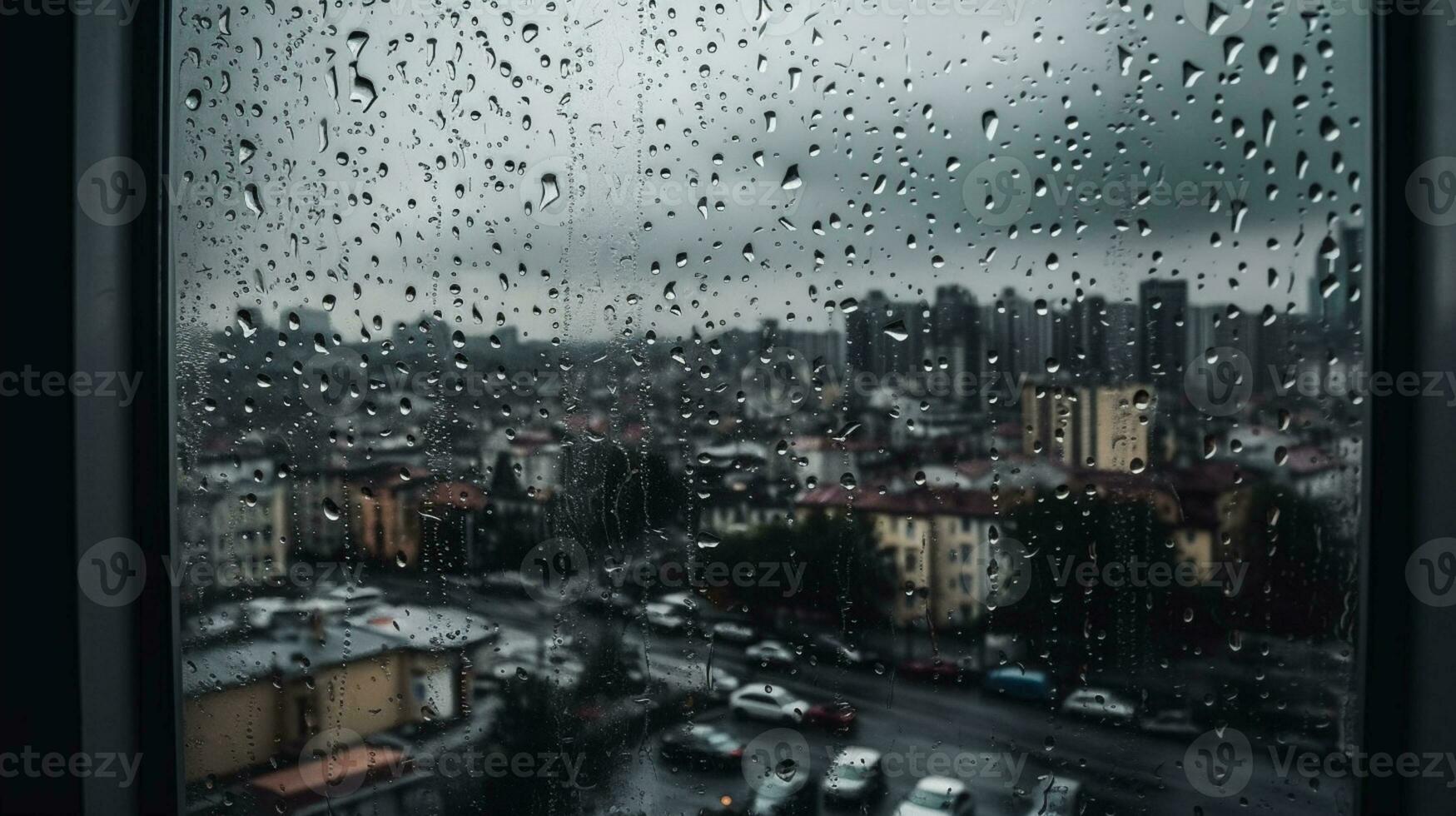 Regentropfen Über das Fenster mit Gebäude von das Stadt im das Hintergrund ai generiert foto