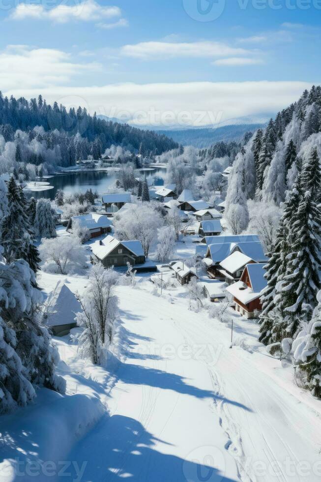 Schnee bedeckt klein Stadt, Dorf Aussicht von Overhead Hintergrund mit leeren Raum zum Text foto