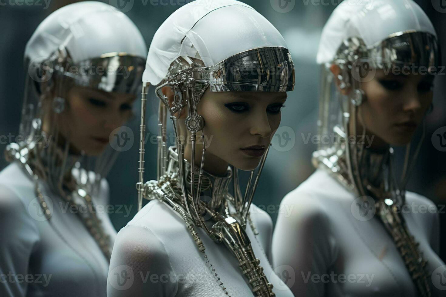 kybernetisch Frauen gekleidet im minimalistisch metallisch Kleidung Nässen Avantgarde Futurismus im ein monochromatisch Rahmen foto