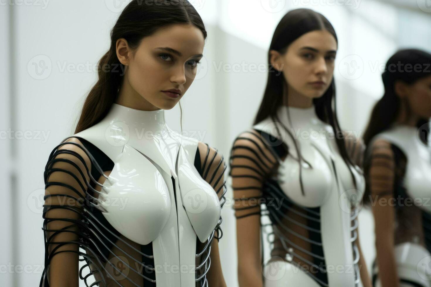futuristisch Frauen im einfarbig Outfits präsentieren kybernetisch Innovation durch minimalistisch Mode Ästhetik foto