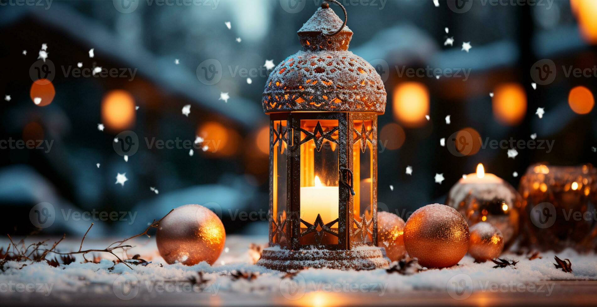 Weihnachten Lampe mit Verbrennung Kerze Stehen auf frisch Schnee, verschwommen Bokeh Hintergrund - - ai generiert Bild foto