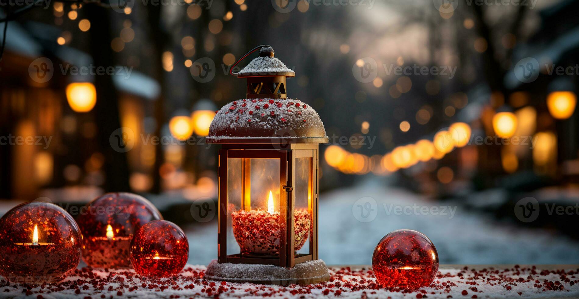 Weihnachten Lampe mit Verbrennung Kerze Stehen auf frisch Schnee, verschwommen Bokeh Hintergrund - - ai generiert Bild foto