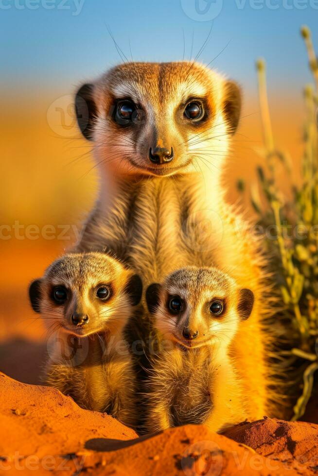 ein Erdmännchen Familie versammelt sich im das sengend Wüste suchen zum Essen und behalten ein wachsam Auge auf Raubtiere foto