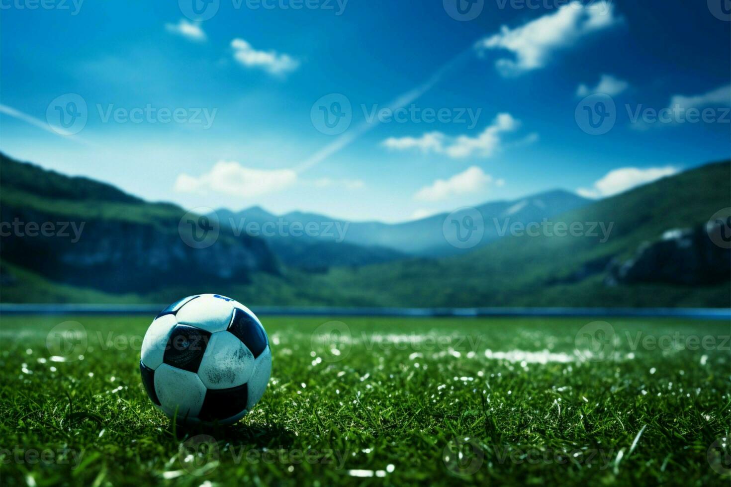 üppig Grün Feld umarmt ein einsam, kugelförmig Sport Ball ai generiert foto