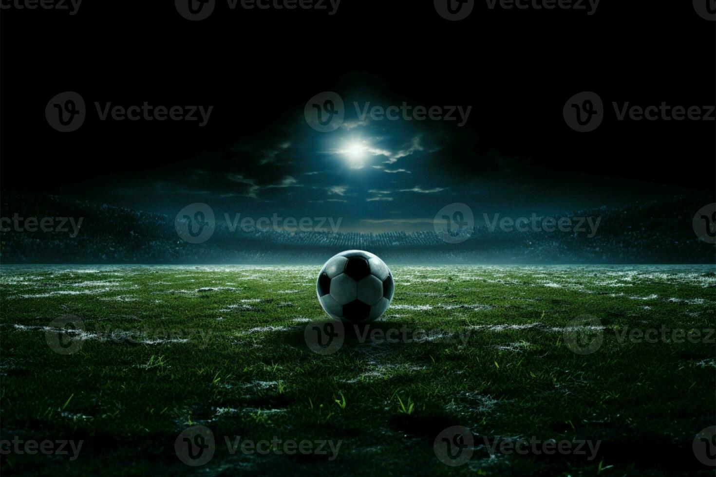 beleuchtet Tonhöhe, Scheinwerfer Besetzung dramatisch glühen auf Fußball Feld Aktion ai generiert foto