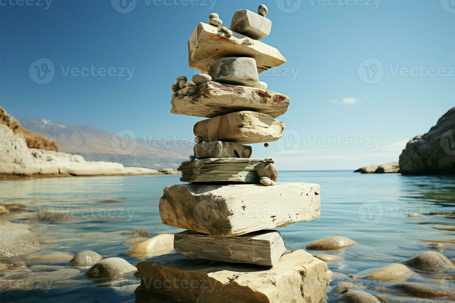 direkt am Strand Relikt Steine gestapelt wie ein Pyramide, mit Blick auf das expansiv Meer Weite ai generiert foto