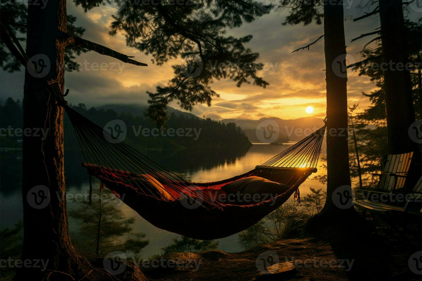 Hängematte gebunden Silhouette, Kiefer Bäume, See Aussicht Mann schmeckt norwegisch Sommer wolkig Ruhe ai generiert foto