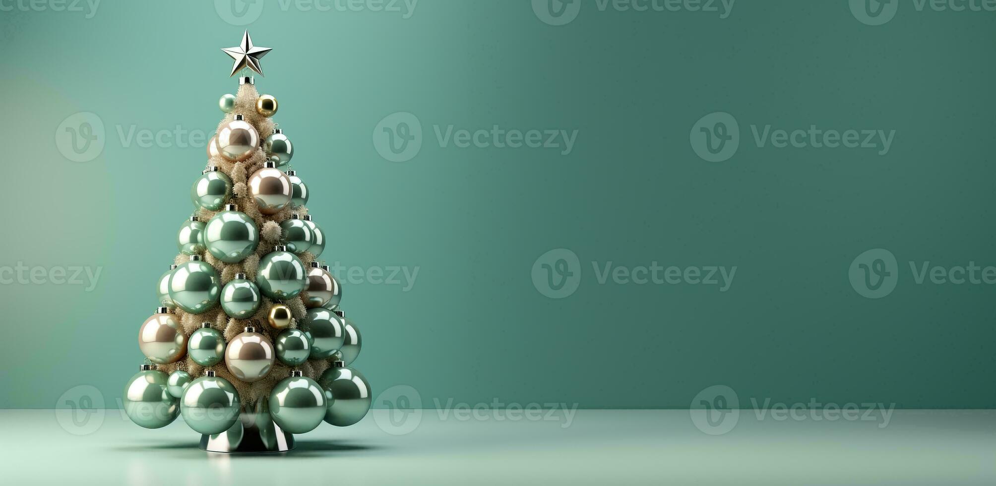 ein minimalistisch Weihnachten Baum niedrig Linderung mit Silber Ornamente leuchtenden gegen ein beruhigend Minze Grün Gradient Hintergrund foto