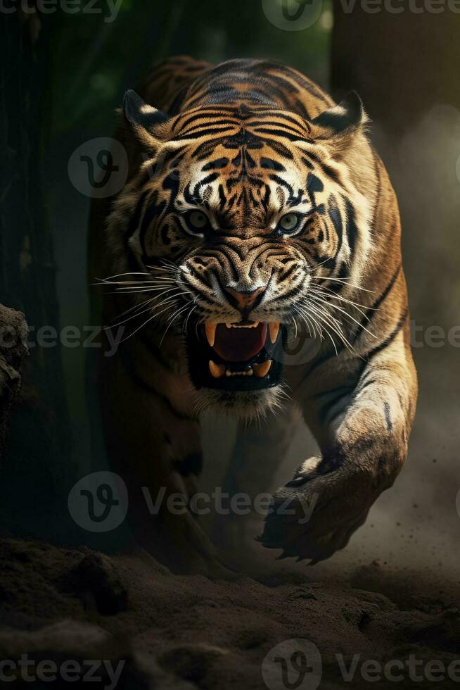 ein Tempus Urwald Begegnung zwischen ein Knurren Tiger und ein Knurren Leopard Hintergrund mit leeren Raum zum Text foto