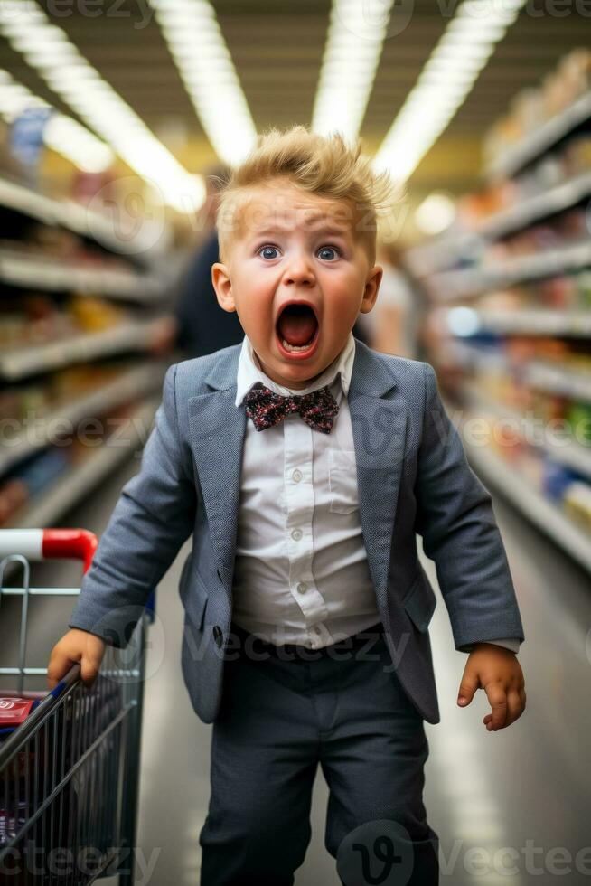 ein jung Kind wirft ein Wutanfall im ein Supermarkt Gang verursachen Chaos und Frustration zum ihr erschöpft Elternteil foto