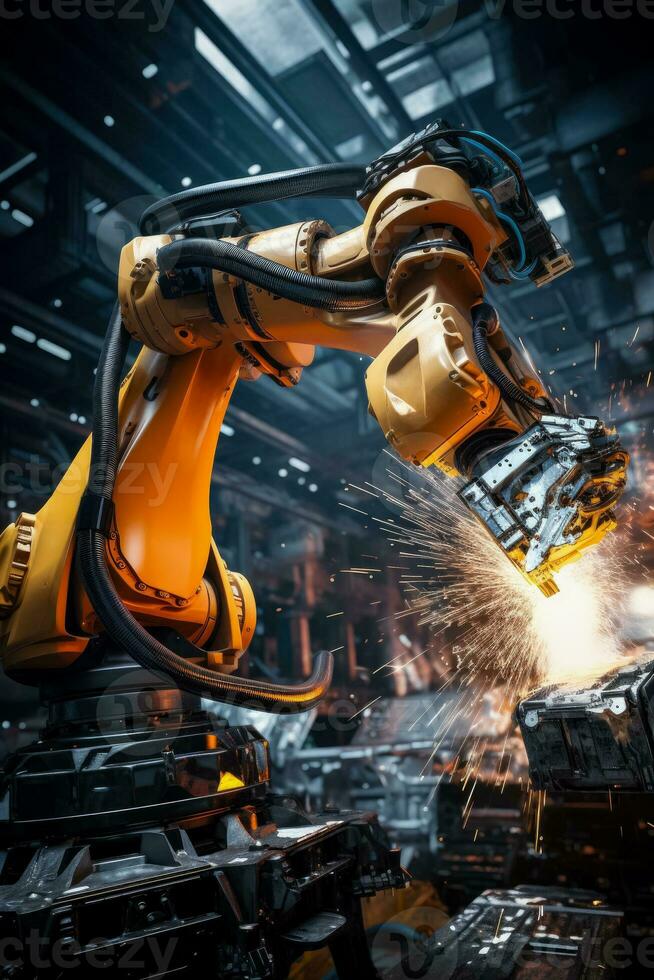 Roboter Waffen gefroren mitten in der Bewegung Funken fliegend wie ein Fehlfunktion Maschine verursacht Verwüstung im ein industriell Fabrik foto