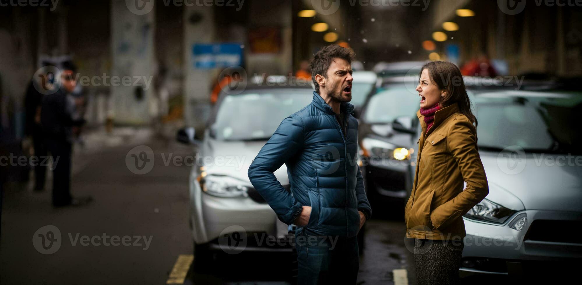 ein Teilt Bildschirm Bild zeigt an ein frustriert Mann und ein wütend Frau schreien beim jeder andere im ein der Verkehr Marmelade foto