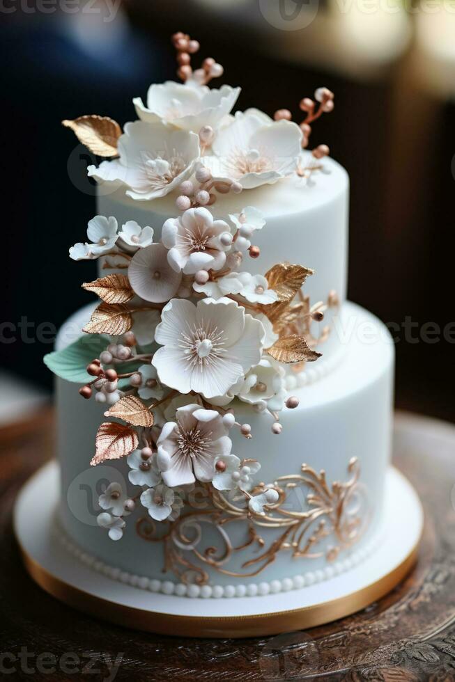 Detail Schuss von ein elegant Hochzeit Kuchen geschmückt mit kompliziert Glasur Designs und Verzierungen foto