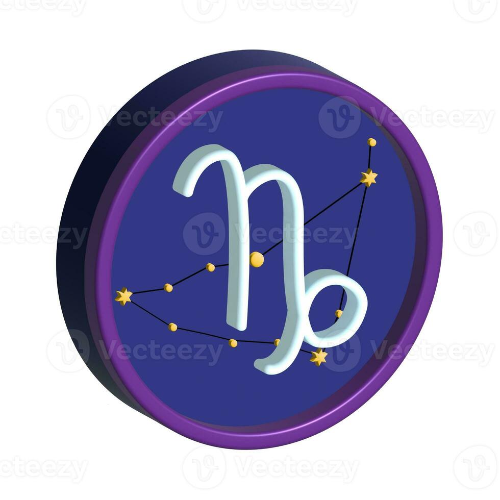 Tierkreis Zeichen Steinbock, 3d Illustration, runden Symbol auf ein Weiß Hintergrund, isoliert. Blau drei dimensional Ring mit das Astrologie Symbol foto