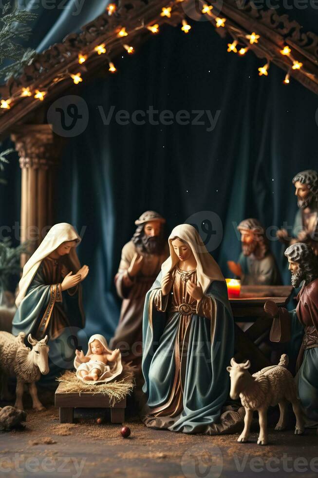 traditionell Weihnachten Geburt Szene mit rustikal hölzern zahlen Hintergrund mit leeren Raum zum Text foto