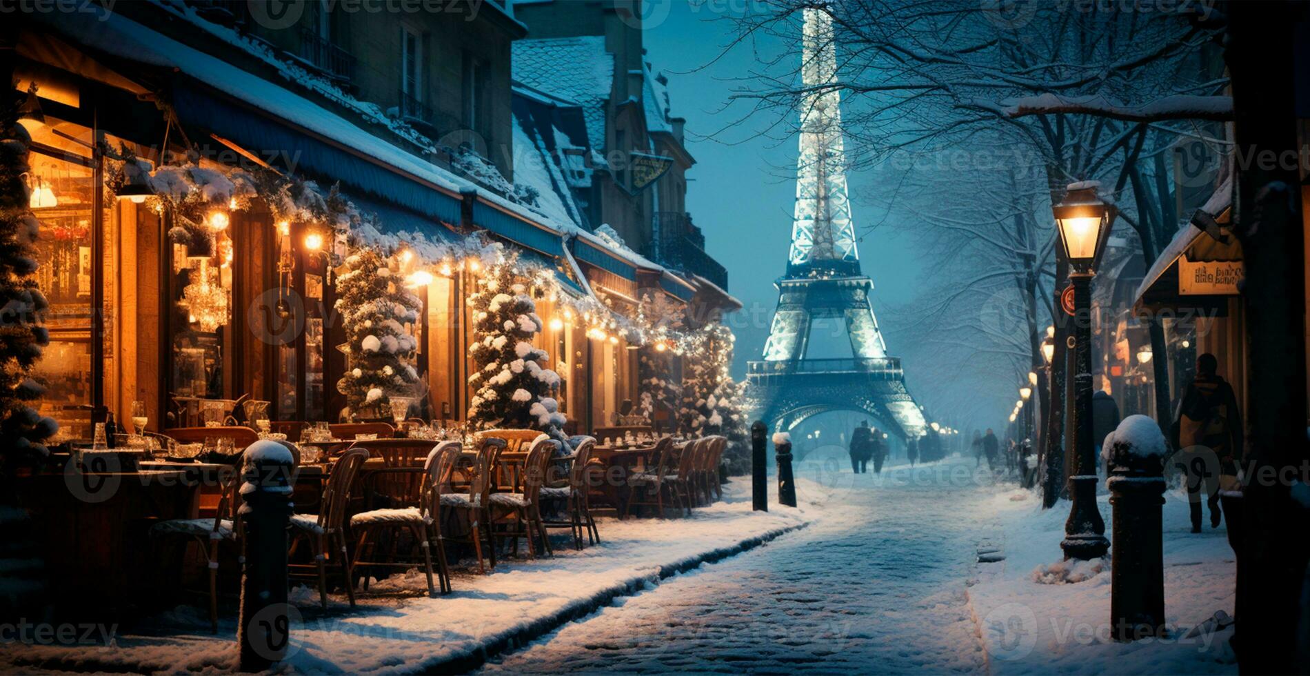 Nacht schneebedeckt Weihnachten Paris, Neu Jahr Urlaub, verschwommen Hintergrund - - ai generiert Bild foto