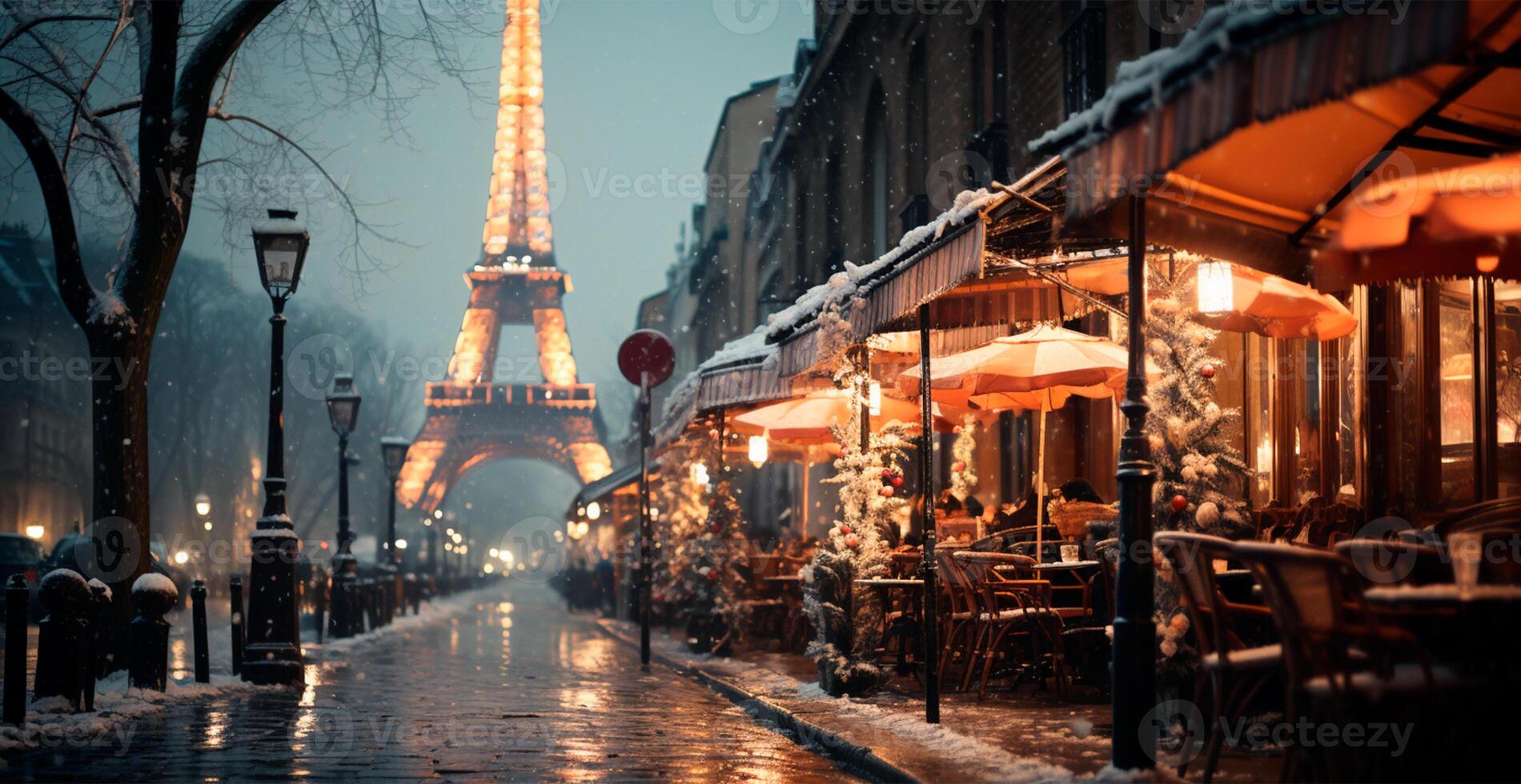 Nacht schneebedeckt Weihnachten Paris, Neu Jahr Urlaub, verschwommen Hintergrund - - ai generiert Bild foto