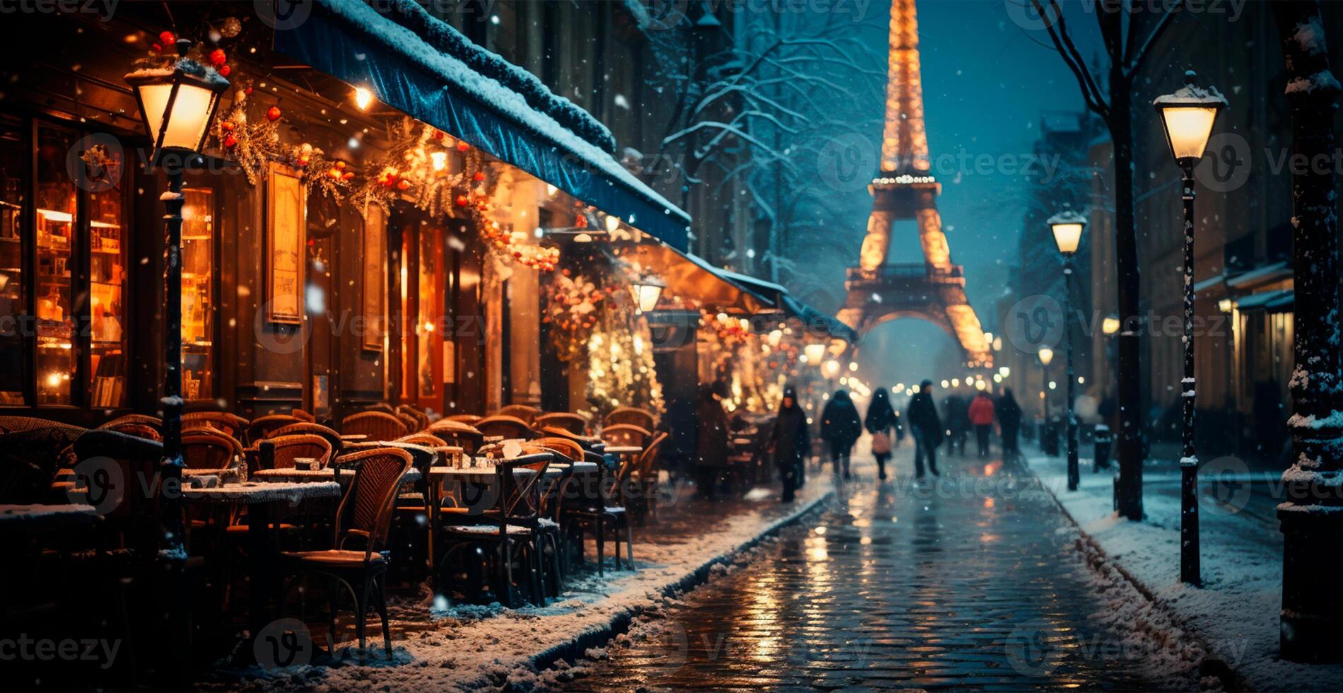 Nacht schneebedeckt Weihnachten Paris, Neu Jahr Urlaub, verschwommen Hintergrund - - ai generiert Bild foto