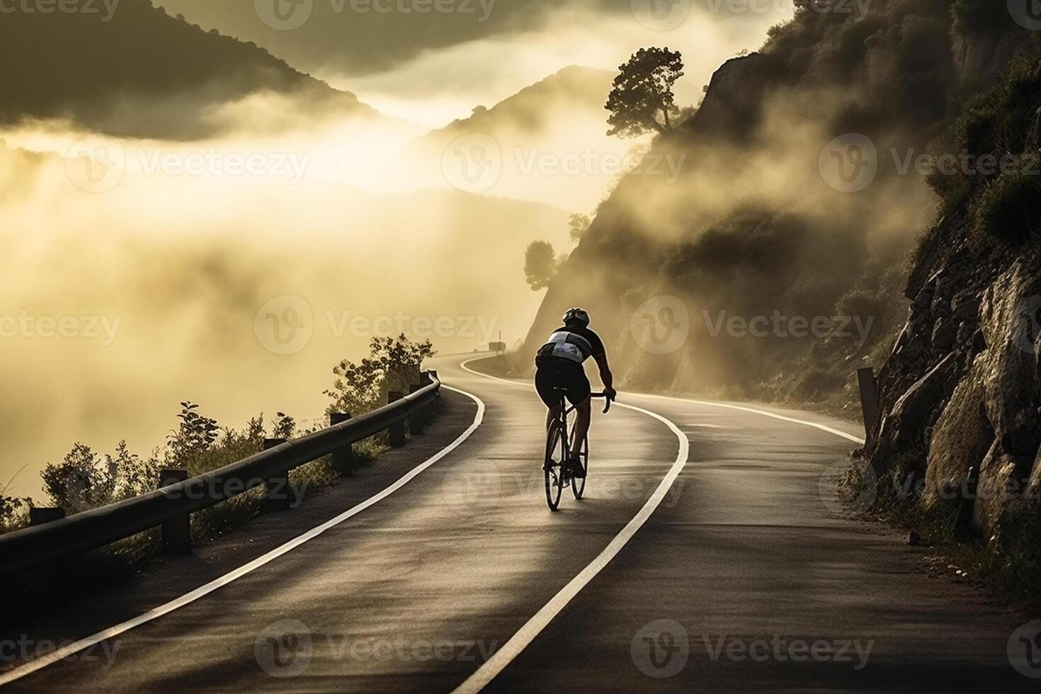 ein früh Morgen Reiten - - das Radfahrer Abenteuer durch ein Berg bestehen ai generativ foto