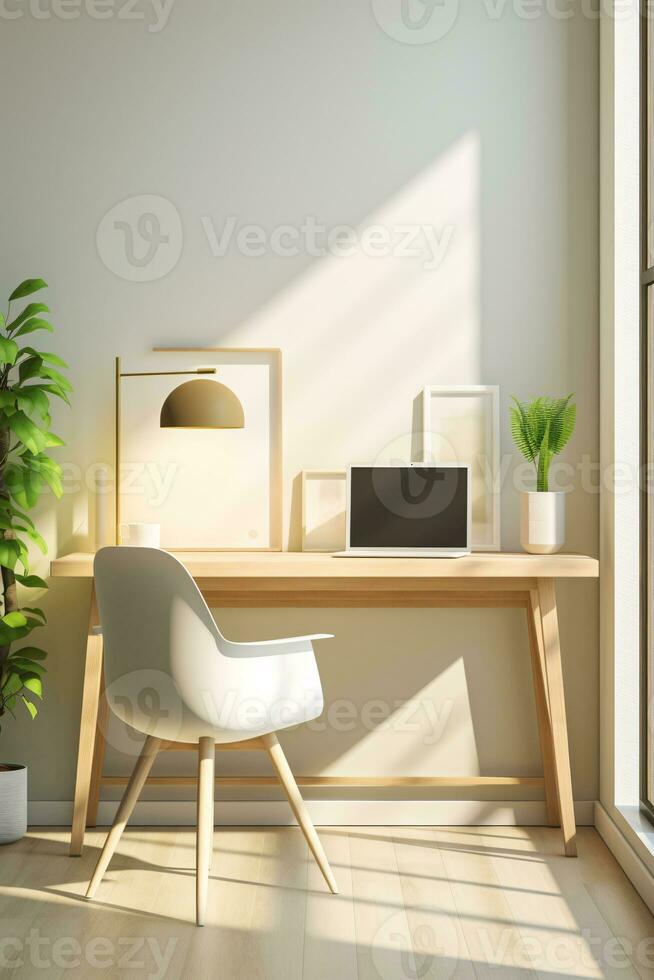 natürlich Sonnenlicht leuchten ein minimalistisch zeitgenössisch Arbeitsplatz mit Copyspace ai generativ foto