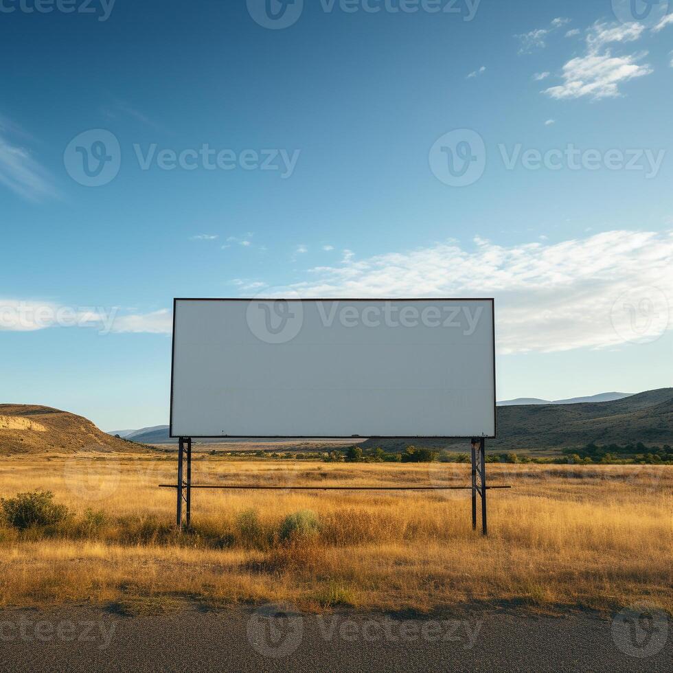 ländlich Ruhe mit ein leer Plakatwand Rahmen gegen rollen Hügel, ungenutzt Werbung Potenzial ai generativ foto