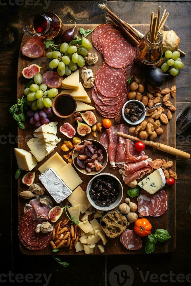 Vogelaugen Aussicht von Gourmet Wurstwaren Tafel mit Fleisch Käse Früchte und Nüsse ai generativ foto