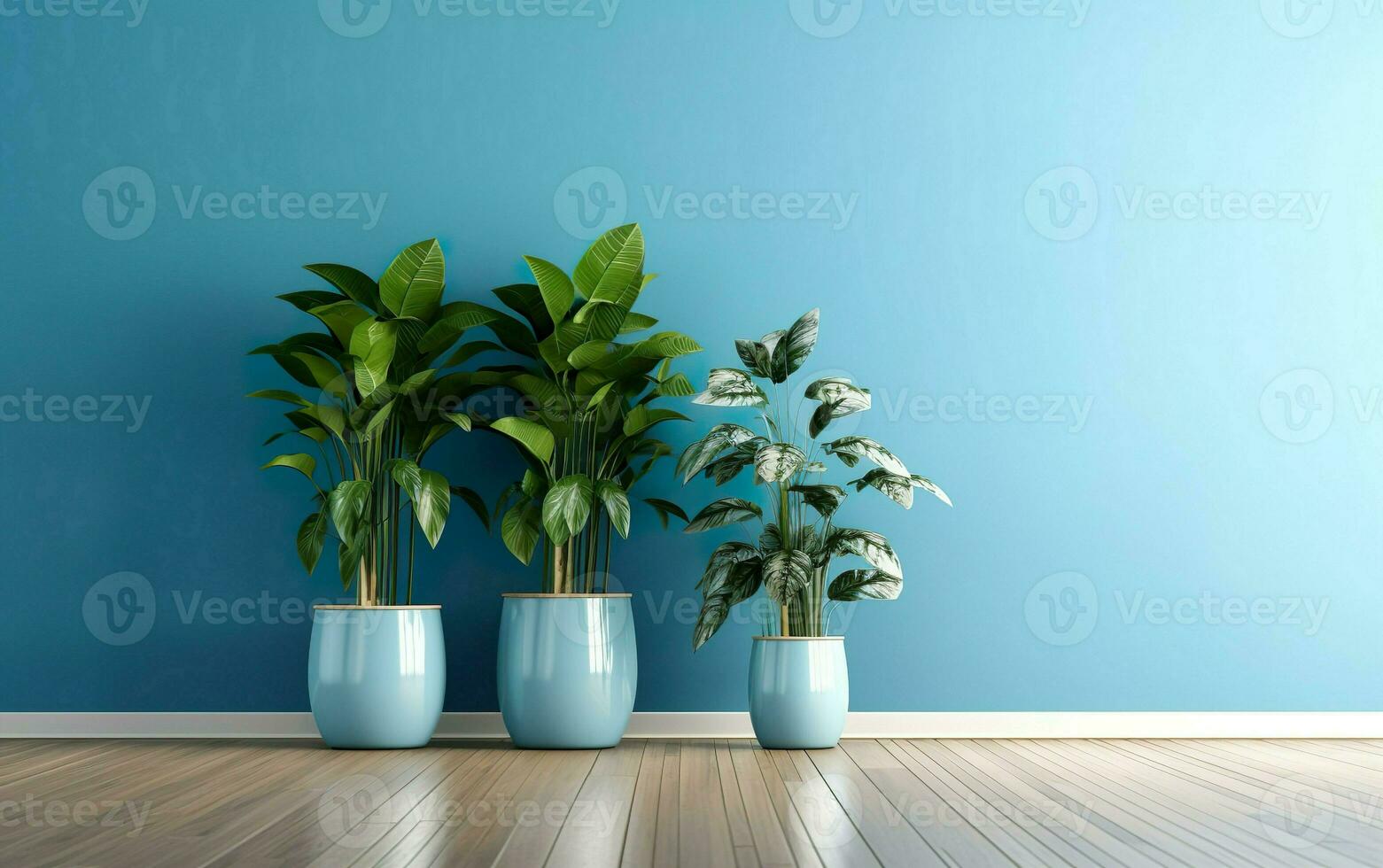 das Innen- eingetopft Pflanzen Dekoration im modern Zimmer mit ein hölzern Fußboden und Blau Mauer. ai generativ foto