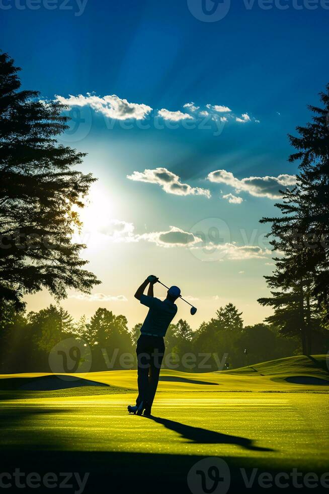 ein mitten im Schwung Golfspieler Silhouette gegen ein beschwingt Grün Golf Kurs unter ein klar Blau Himmel ai generativ foto