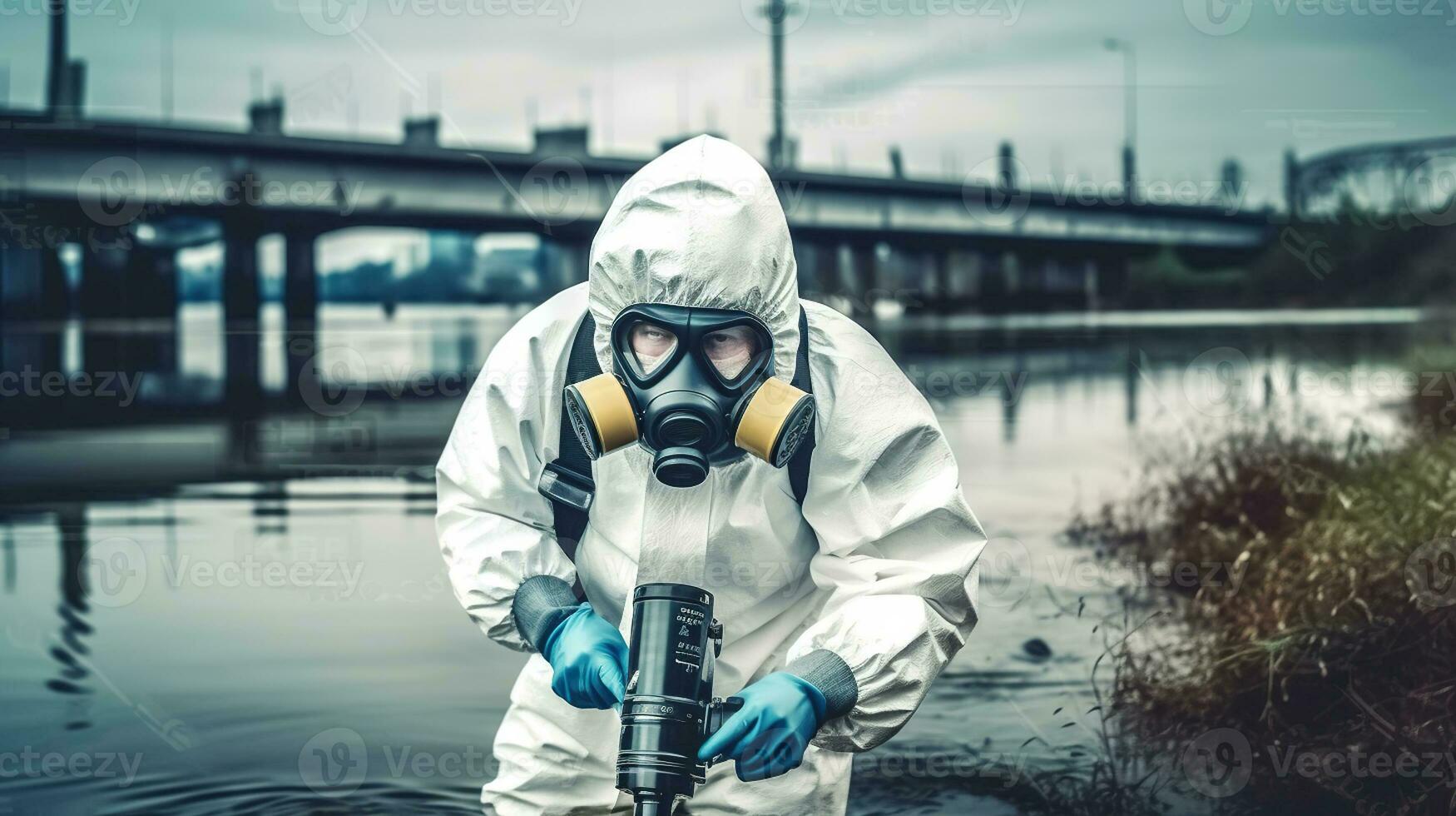 Mitarbeiter tragen Weiß chemisch schützend Maske und radioaktiv schützend passen prüfen Wasser Qualität von chemisch Pflanzen oder Fabrik im Fluss, generativ ai foto