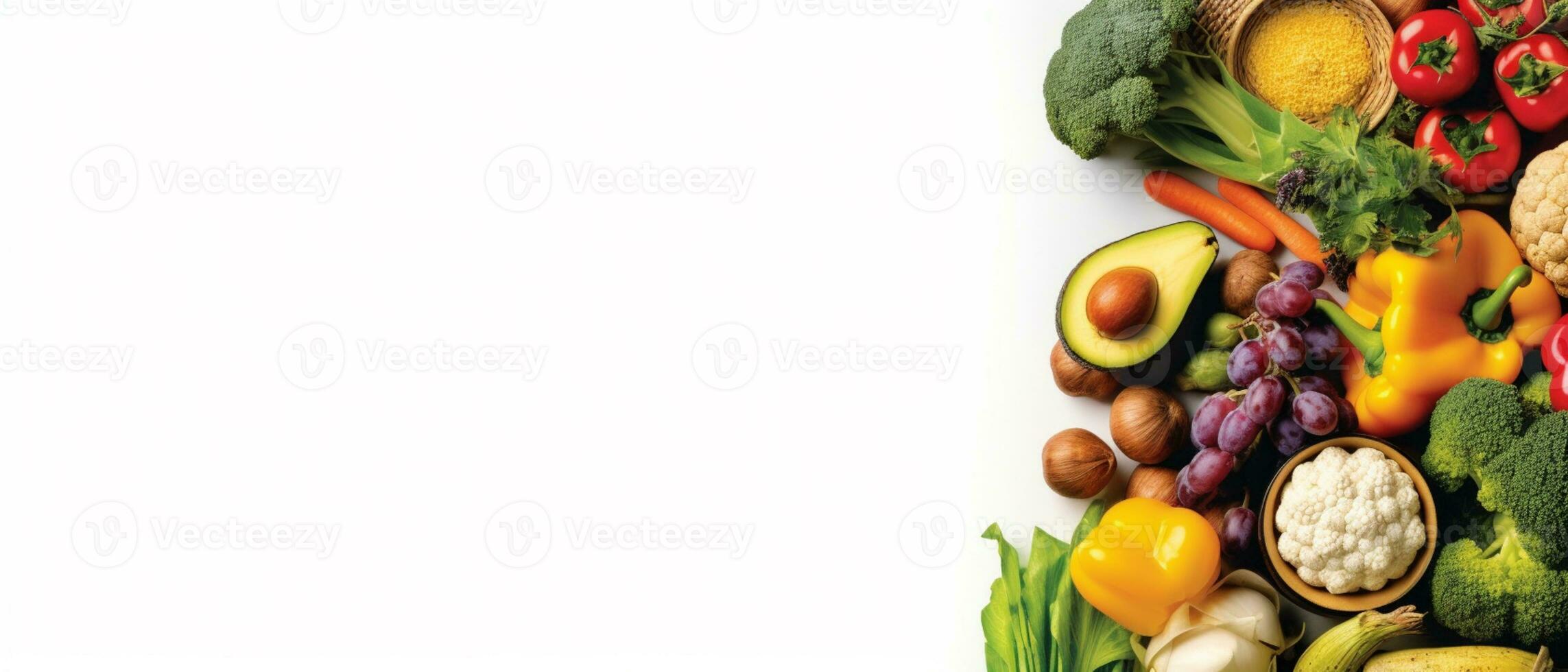 Dort ist ein groß Sortiment von Früchte und Gemüse auf ein Weiß Hintergrund. generativ ai. foto