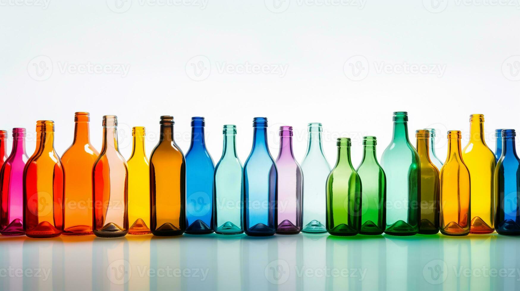 Spektrum von Kreativität - - beschwingt Glas Flaschen auf ein Weiß Hintergrund mit reichlich Raum zum Text ai generativ foto