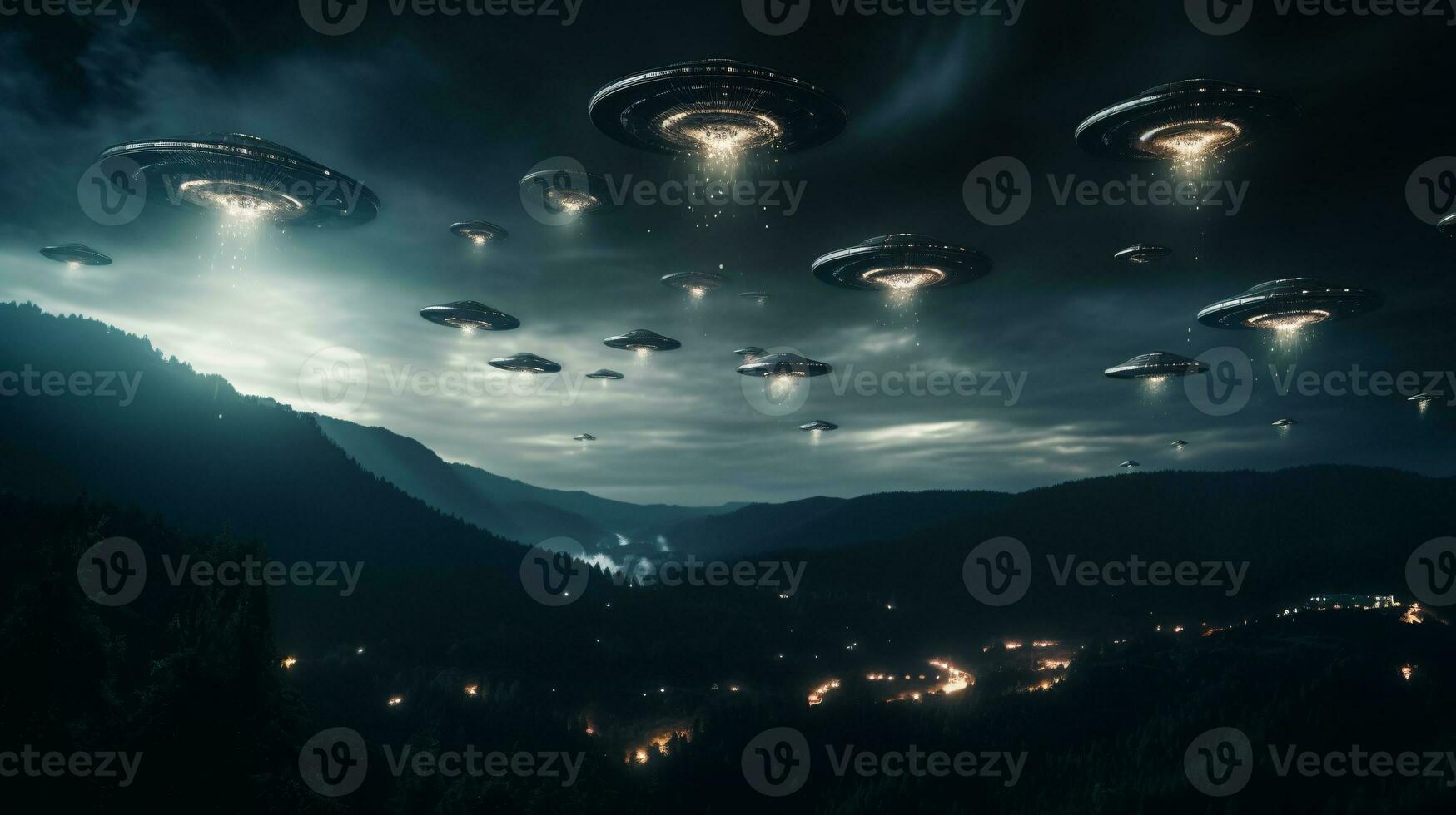 dramatisch Darstellung von ein UFO Flotte im das Nacht Himmel Signalisierung ein möglich Außerirdischer Begegnung ai generativ foto