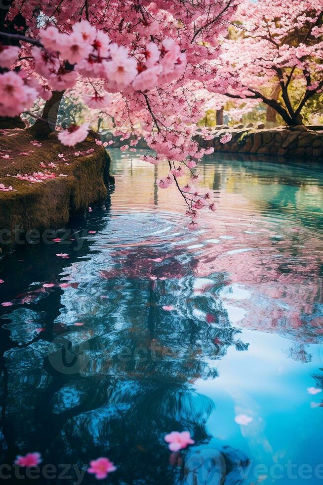 ätherisch Bild von ein still Koi Teich umgeben durch Blühen Kirsche Blüten ai generativ foto