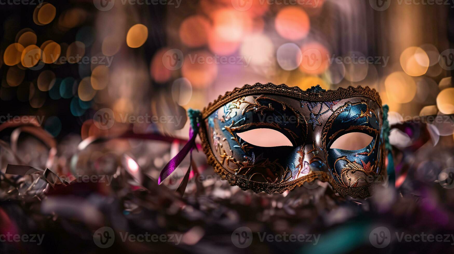 Karneval Party - - venezianisch Maske mit abstrakt defokussiert Bokeh Beleuchtung und glänzend, generativ ai foto