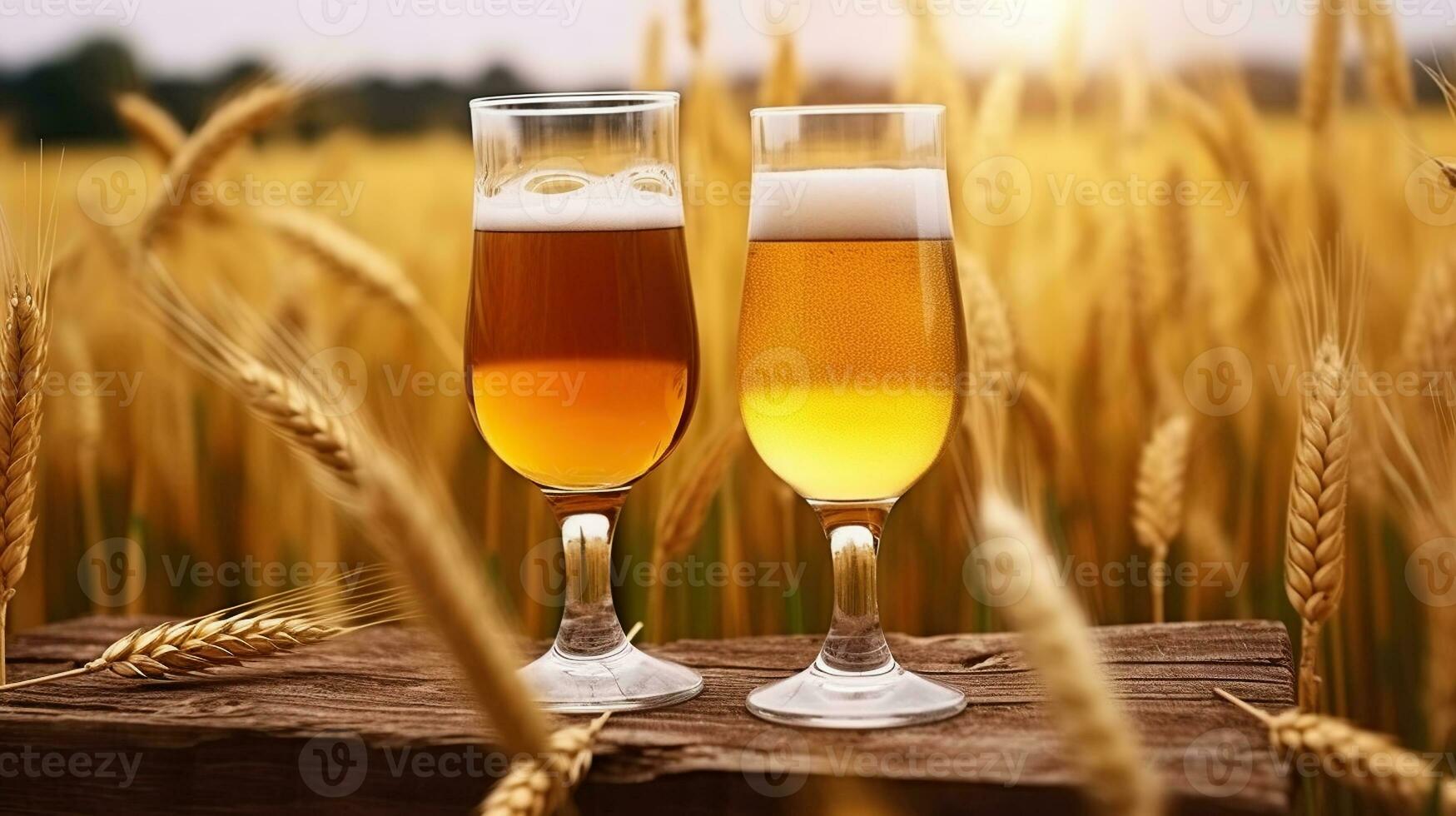 Licht, ungefiltert und dunkel Brille von Bier im ein Weizen Feld, generativ ai foto