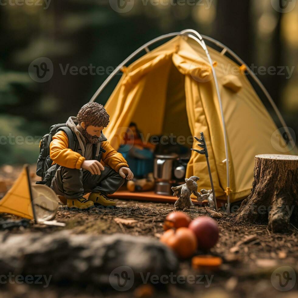 Komödie im Wildnis - - Wanderer lustig Versuch beim Spielzeug Zelt Pitching ai generativ foto