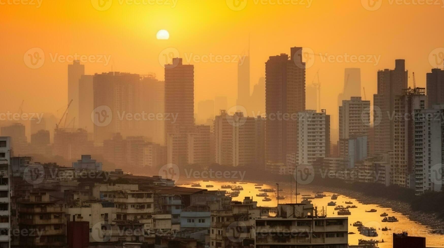 Luft Verschmutzung Konzept - - modern Hochhaus Reich Gebäude und Arm Slums beim Sonnenuntergang. generativ ai foto