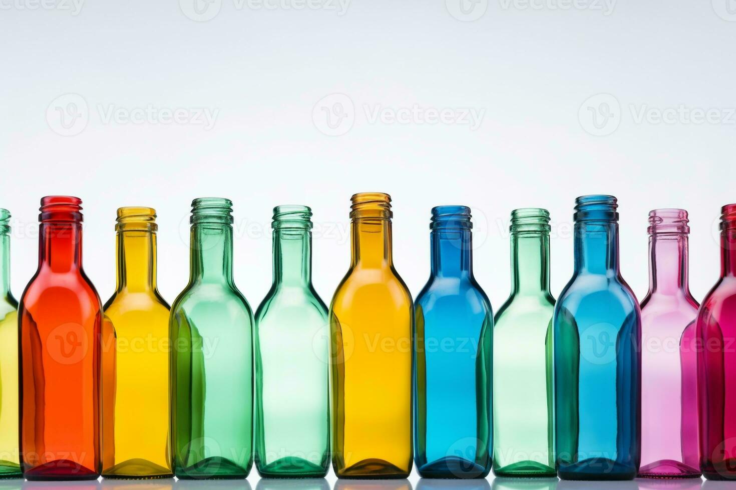 Spektrum von Kreativität - - beschwingt Glas Flaschen auf ein Weiß Hintergrund mit reichlich Raum zum Text ai generativ foto
