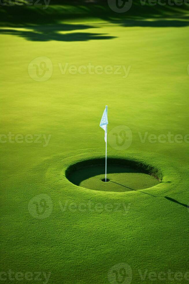 makellos Putten Grün und Loch mit Golfer im das Hintergrund warten erwartungsvoll ai generativ foto