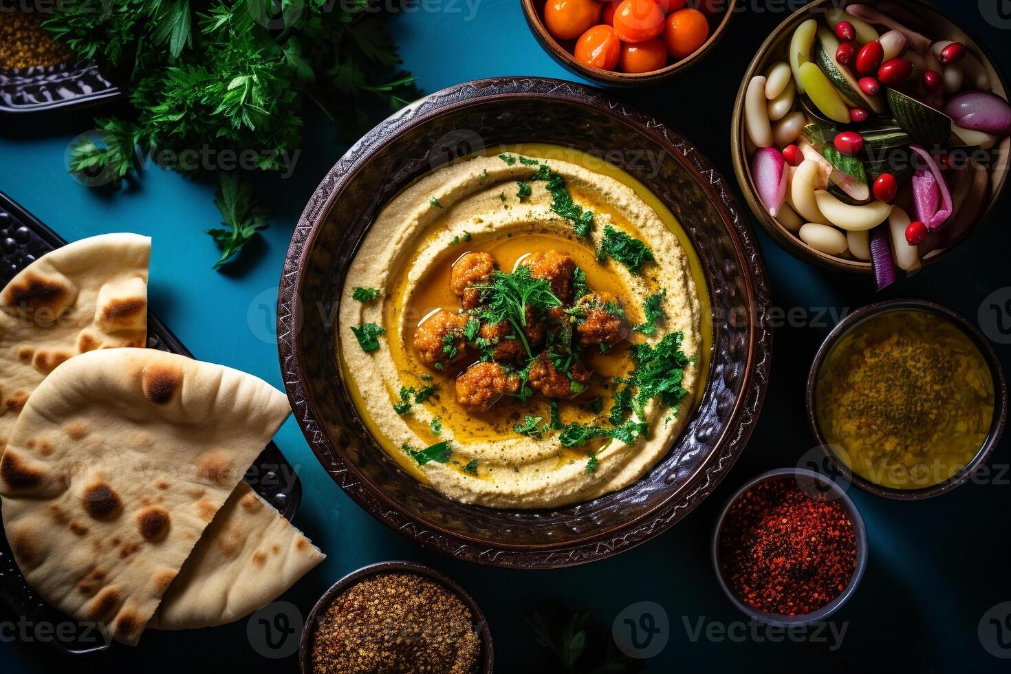 Overhead Blick von ein Mittelmeer Fest Hummus Pita-Brot Brot und Falafel in der Nähe von ein Tee Topf ai generativ foto