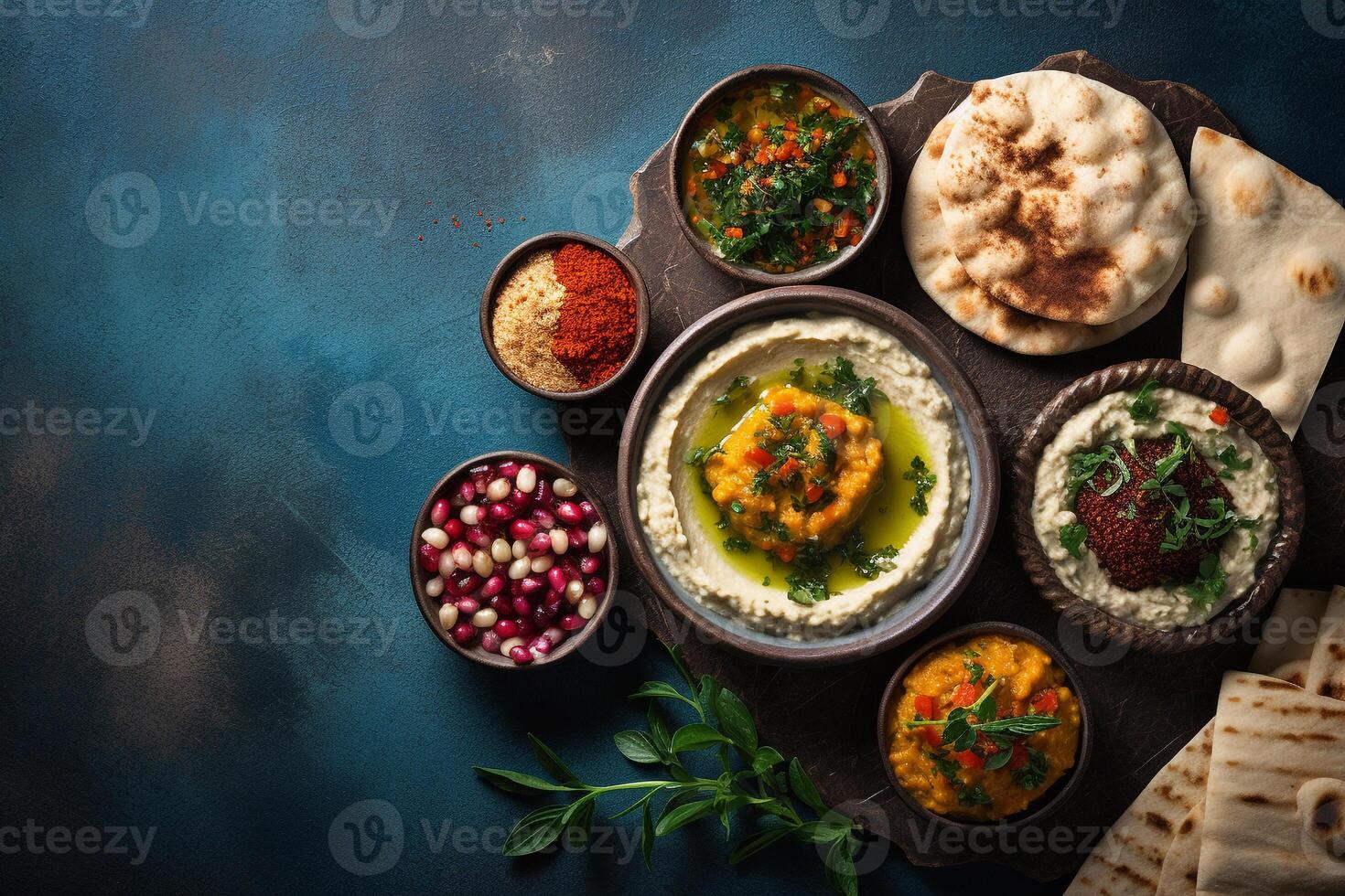 Overhead Blick von ein Mittelmeer Fest Hummus Pita-Brot Brot und Falafel in der Nähe von ein Tee Topf ai generativ foto