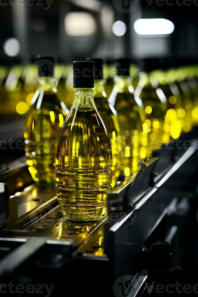 industriell Förderer Gürtel mit Olive Öl Flaschen modern Verpackung Prozess Hintergrund mit leeren Raum zum Text foto