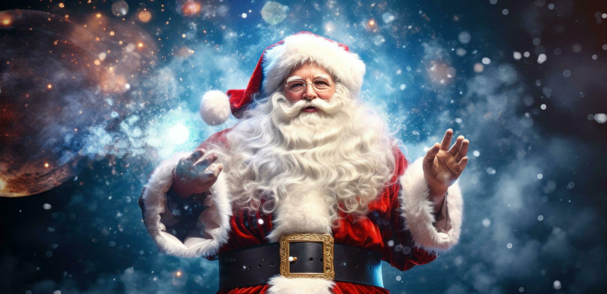 Santa Klausel weht ein Blase Über ein Blau Hintergrund foto