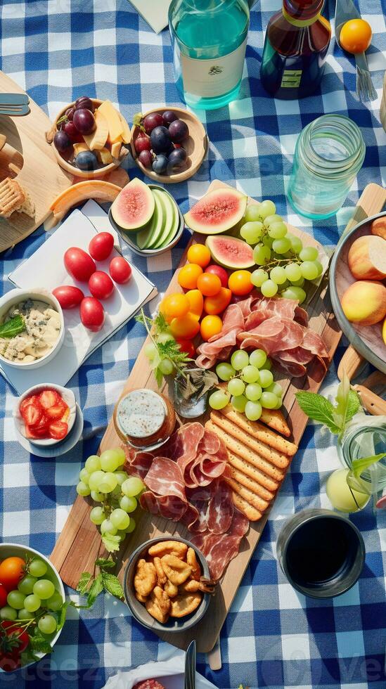 Antenne Aussicht von ein Sommer- Picknick präsentieren draussen Essen auf ein kariert Decke ai generativ foto