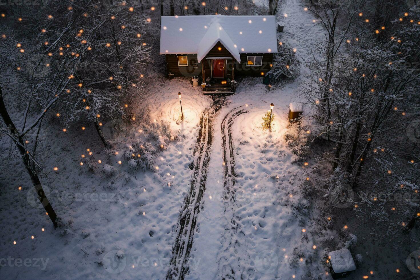 schneebedeckt Fußabdrücke führen oben zu ein Log Kabine dekoriert mit Weihnachten Beleuchtung. festlich, Frieden und Ruhe Atmosphäre. ai generiert. foto