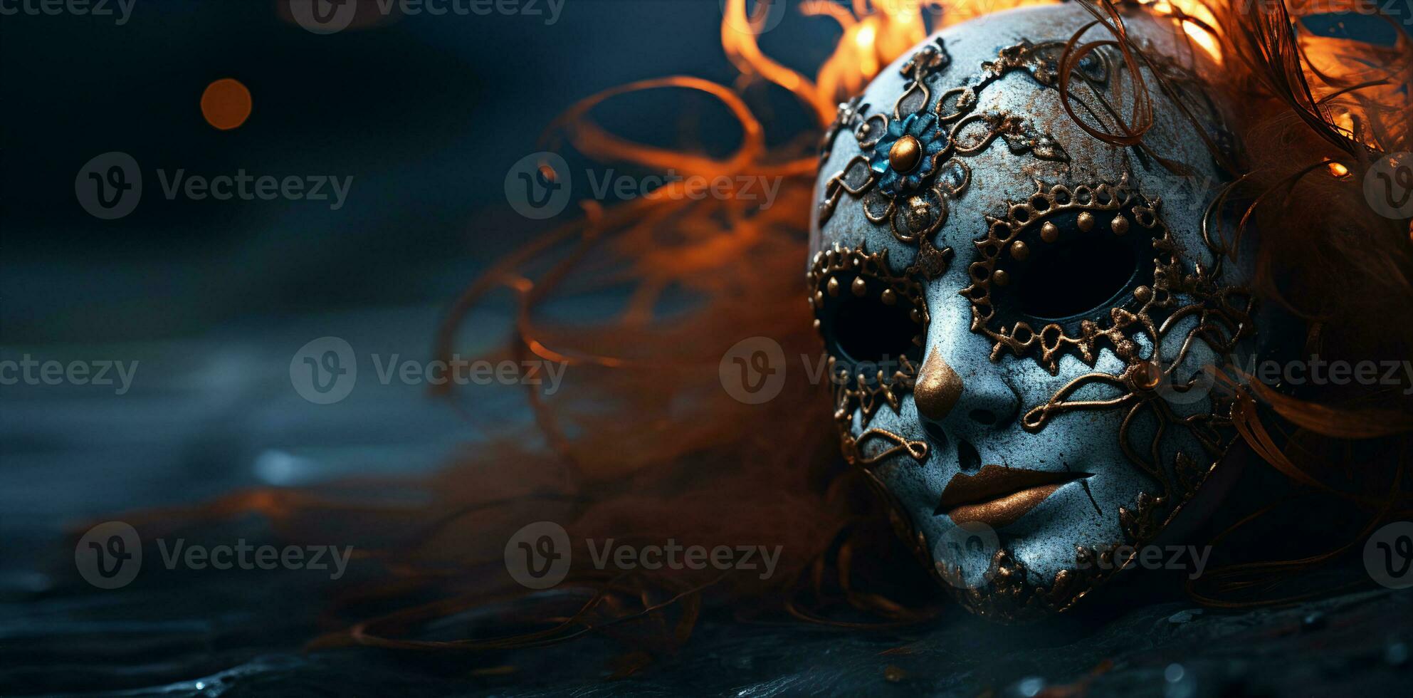 Halloween Karneval Maske, verkohlt durch Feuer, Nahaufnahme, Symbol von Angst oder Verfall. ai generiert. foto