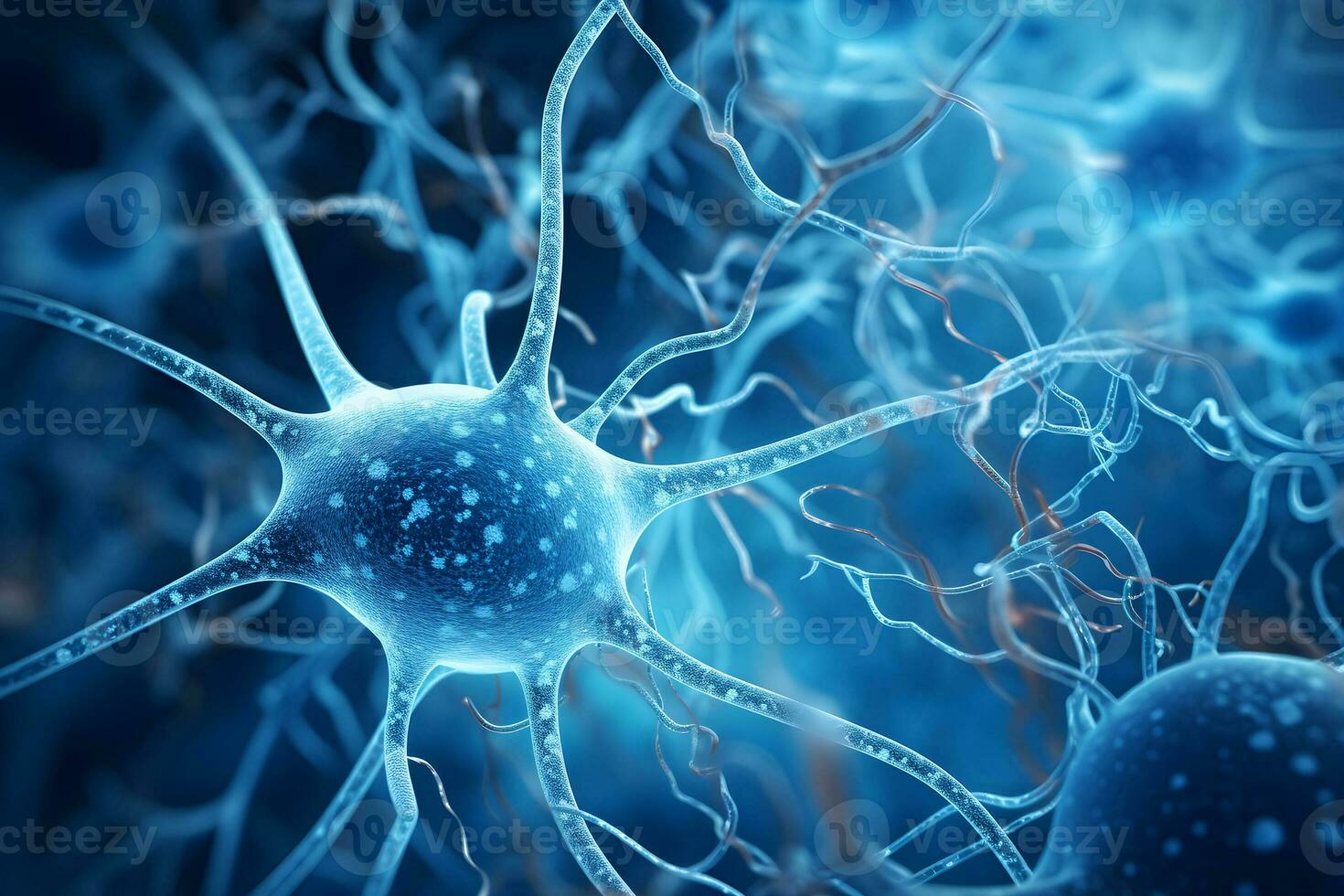mikroskopisch von Neuron Gehirn Zelle Netzwerk. verbunden Nerv Zellen mit elektrisch Impulse. glühend Synapse. Gesundheitswesen Konzept. generativ ai. foto