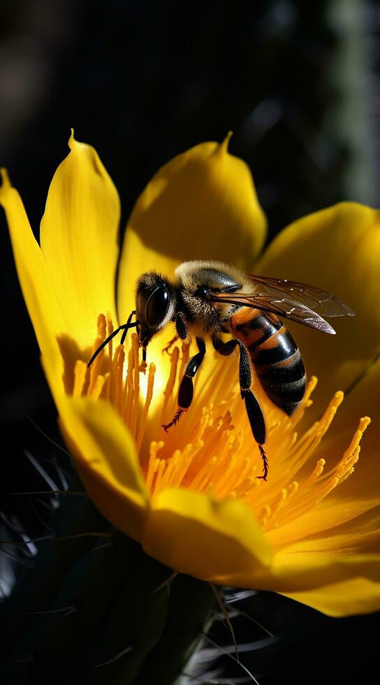 schön Biene Trinken Nektar von Blume ai generiert Bild foto
